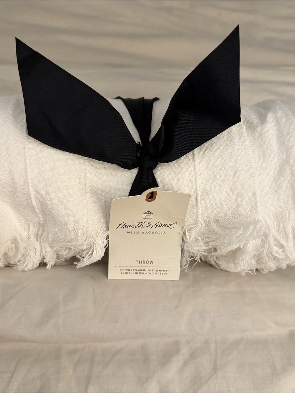 Hearth & Hand Cream Fringe Throw with Black Ribbon